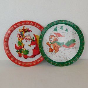 Metal Round Christmas Serving Tray Lot of 2 Vintage Santa Toy Bag Bear Sled Tree